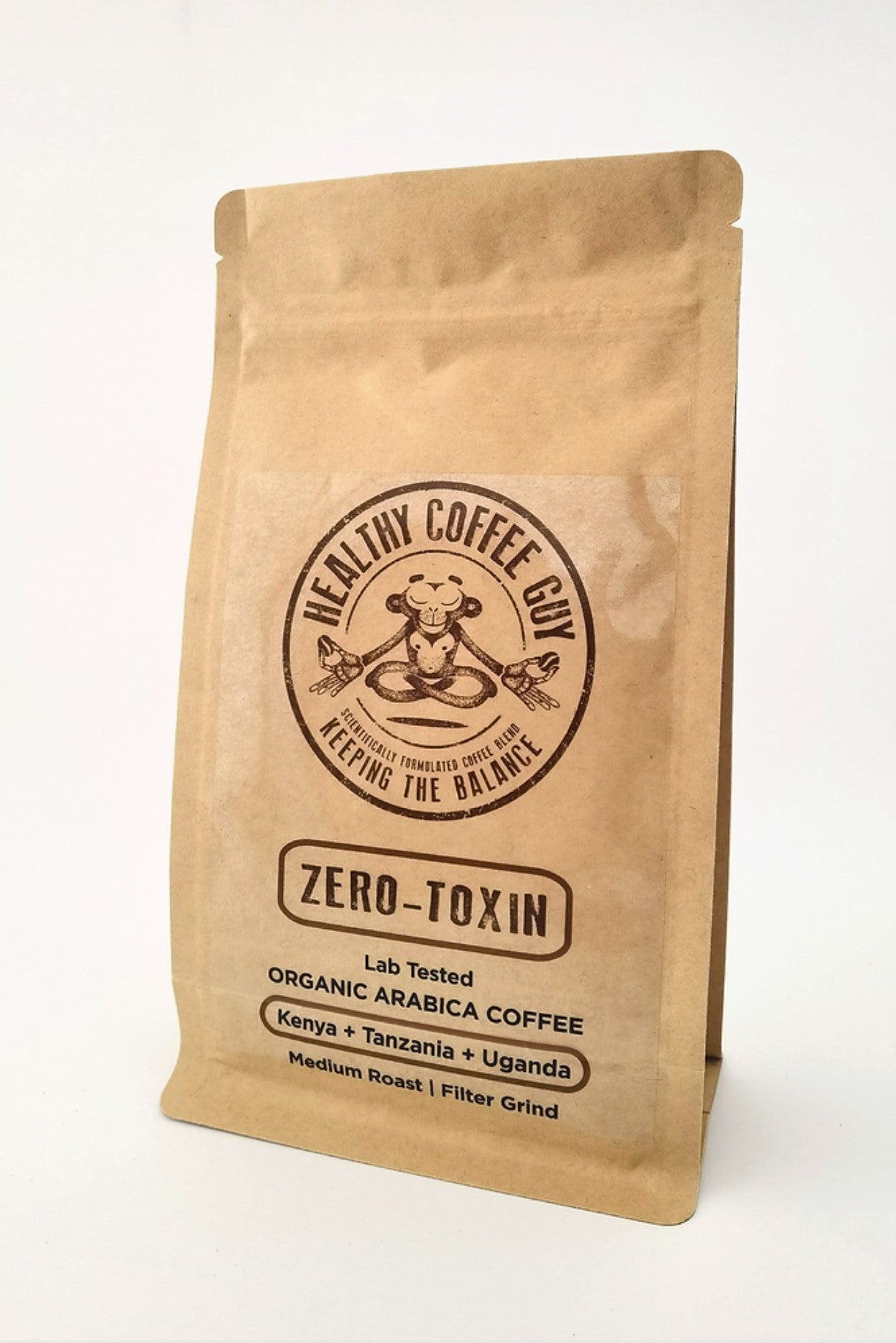 Healthy Coffee Guy branded 250g zero toxin decaf organic coffee - kraft paper on white background